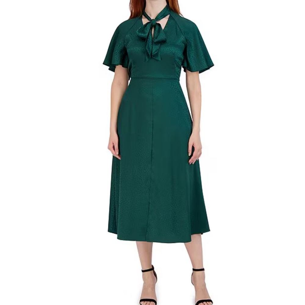 Julia Jordan Neck Tie Short Sleeve Satin Midi Dress size 6 emerald forest green